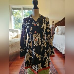 Black Jacket with Peplum, Cream Embroidery and Orange Buttons and Velvet Trim